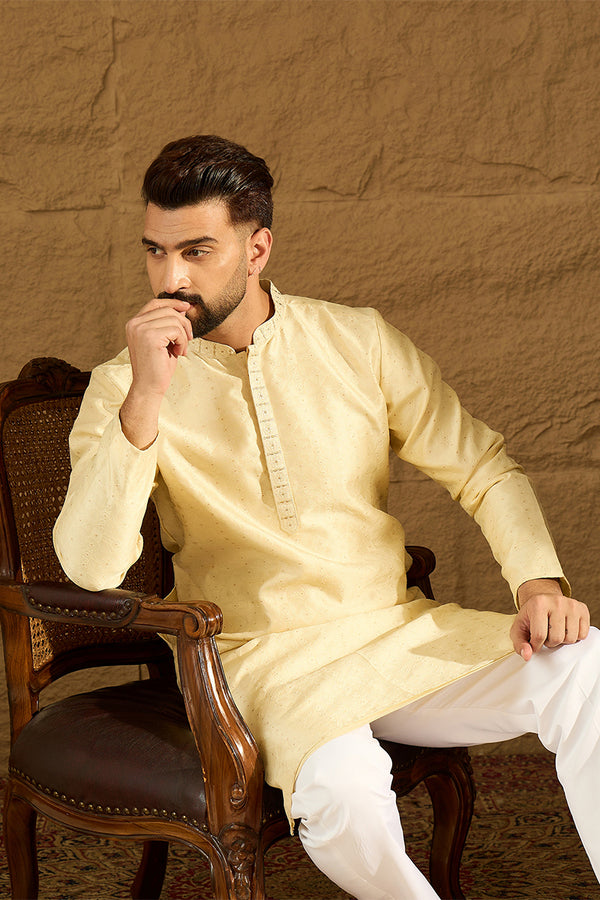 Beige Silk Blend Solid Printed Straight Kurta MKU1650
