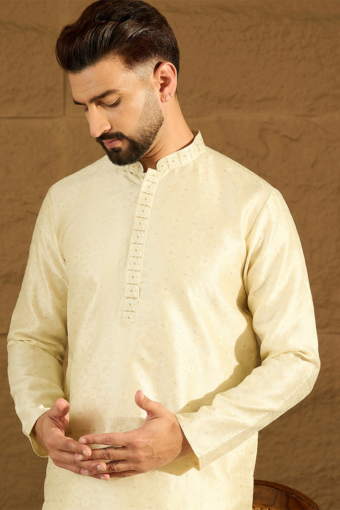 Yellow Silk Blend Solid Printed Straight Kurta with Trouser MKSET1651