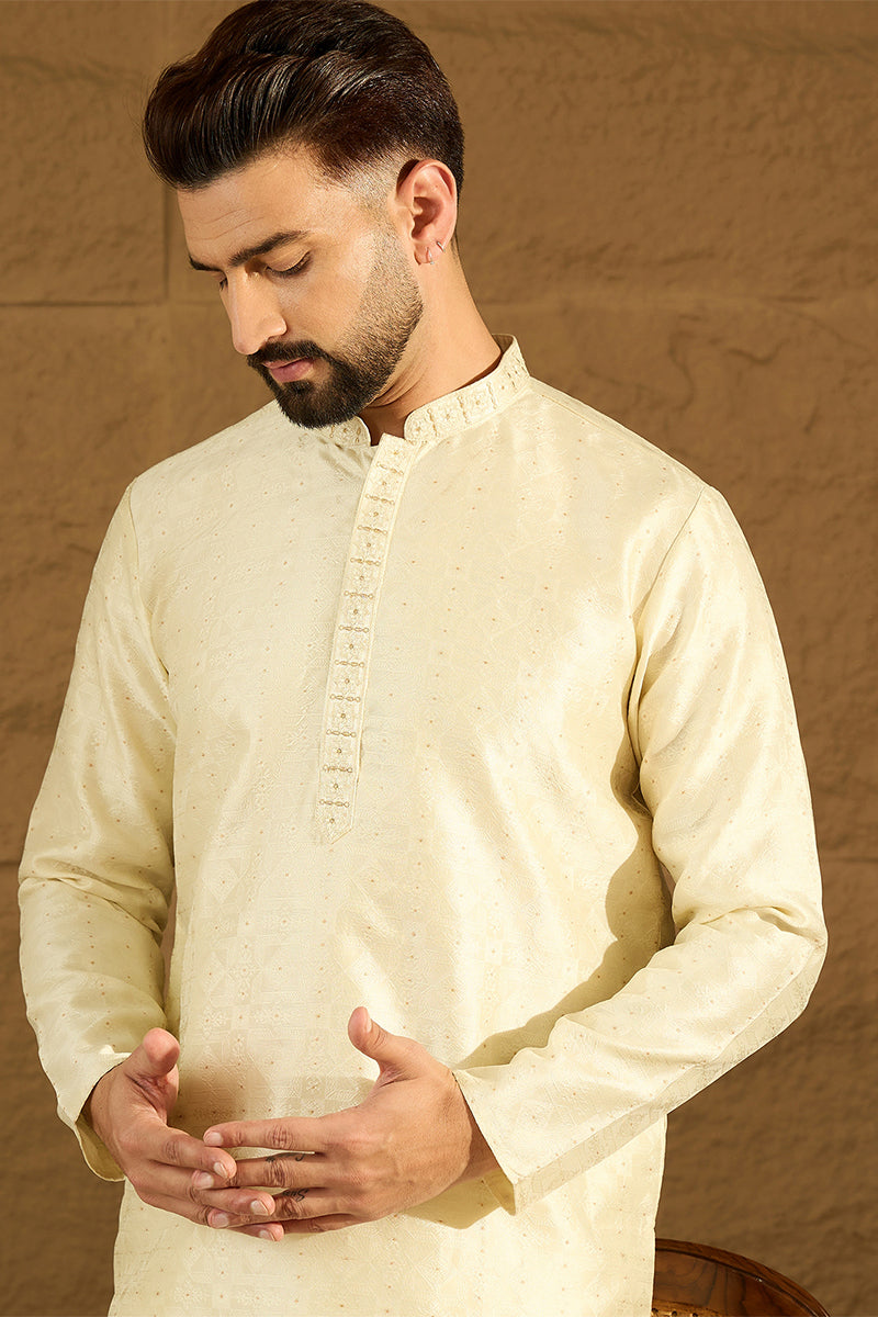 Yellow Silk Blend Solid Printed Straight Kurta MKU1651