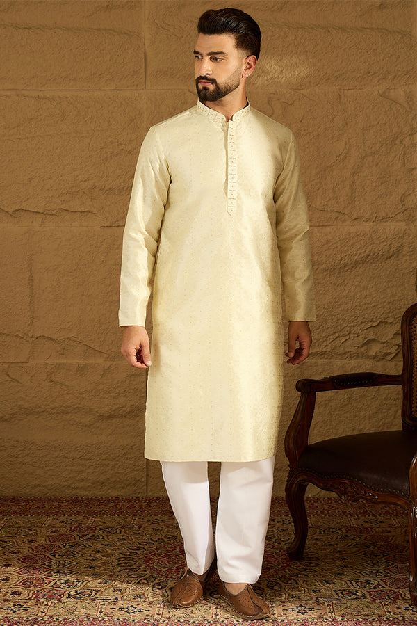 Yellow Silk Blend Solid Printed Straight Kurta MKU1651