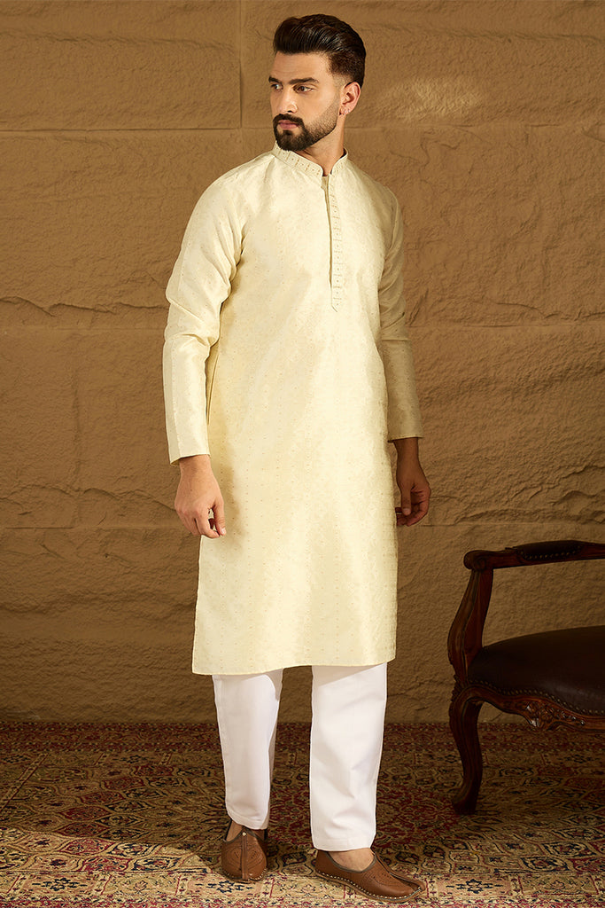 Yellow Silk Blend Solid Printed Straight Kurta MKU1651