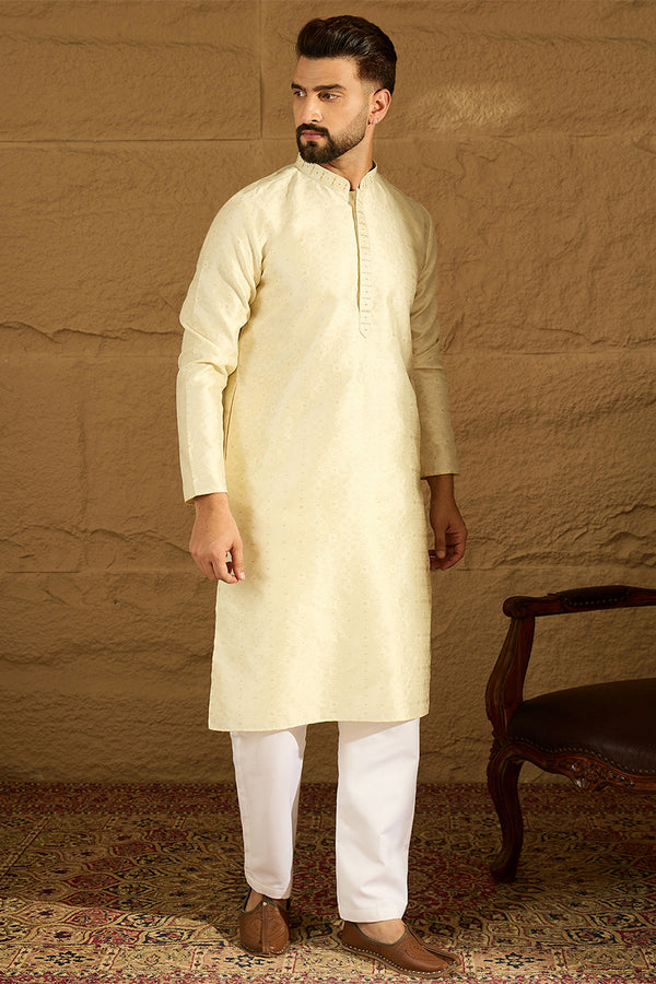 Yellow Silk Blend Solid Printed Straight Kurta with Trouser MKSET1651