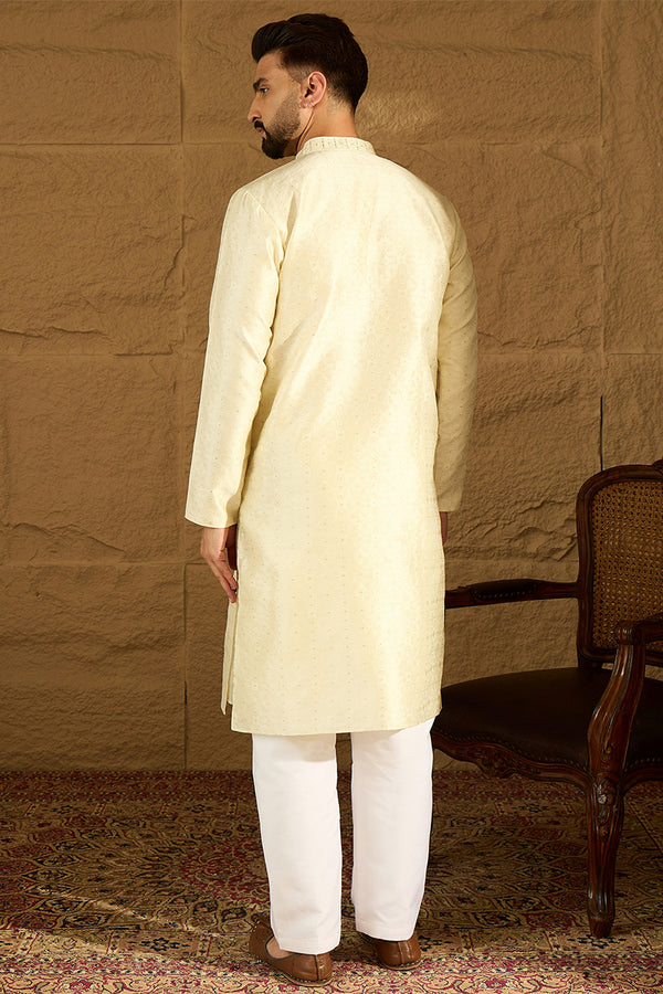 Yellow Silk Blend Solid Printed Straight Kurta MKU1651