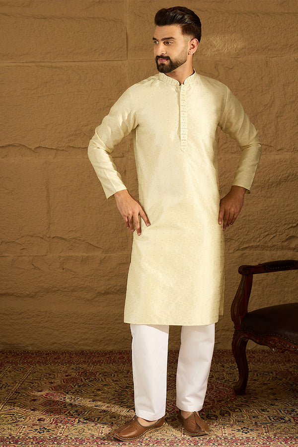 Yellow Silk Blend Solid Printed Straight Kurta MKU1651