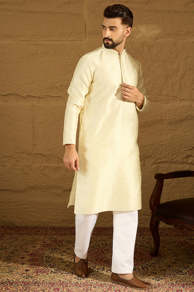 Yellow Silk Blend Solid Printed Straight Kurta with Trouser MKSET1651