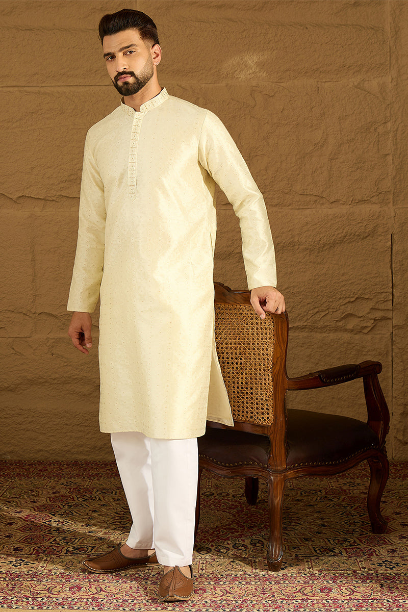 Yellow Silk Blend Solid Printed Straight Kurta MKU1651