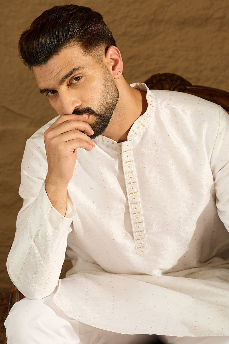 White Silk Blend Solid Printed Straight Kurta with Trouser MKSET1652