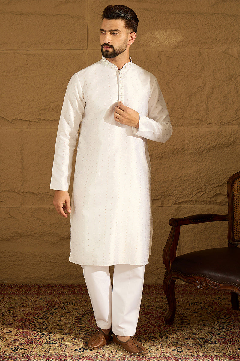 White Silk Blend Solid Printed Straight Kurta with Trouser MKSET1652
