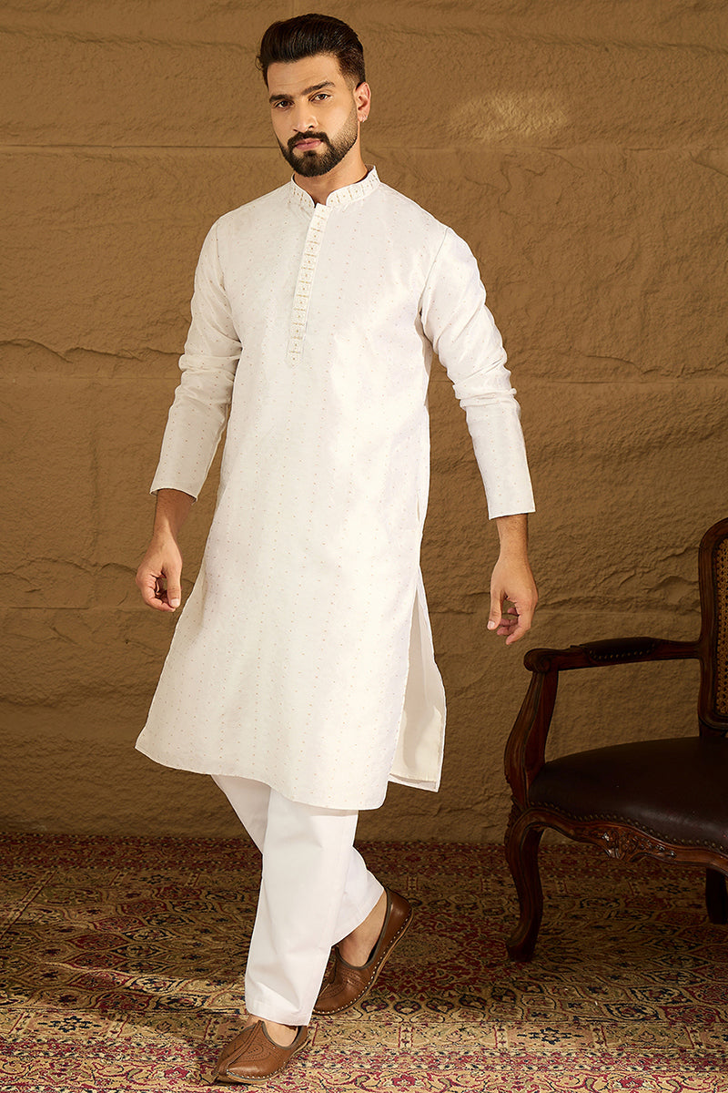 White Silk Blend Solid Printed Straight Kurta MKU1652
