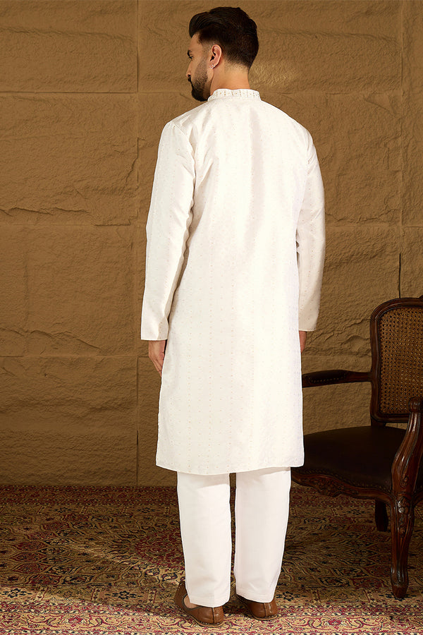 White Silk Blend Solid Printed Straight Kurta with Trouser MKSET1652
