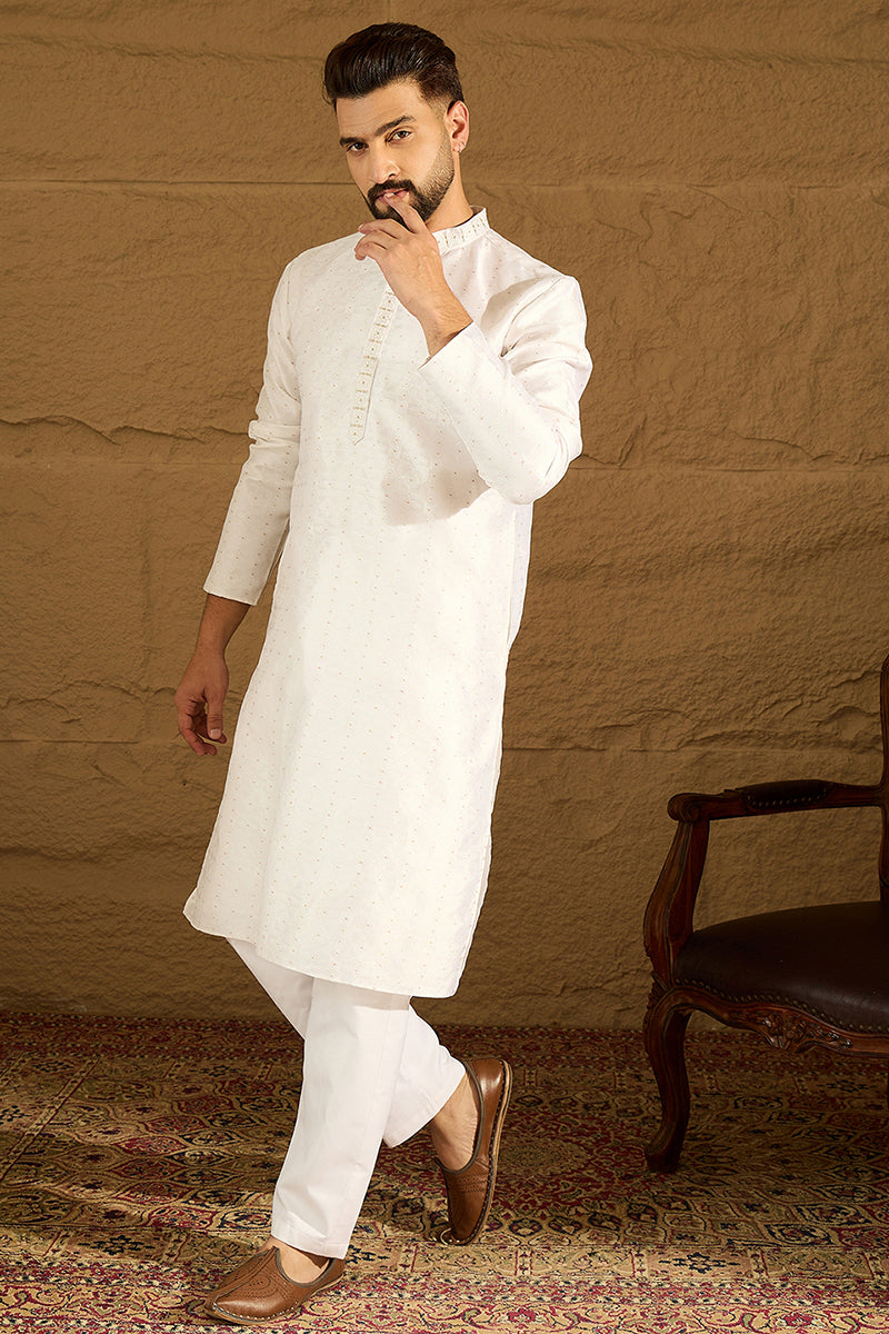 White Silk Blend Solid Printed Straight Kurta MKU1652