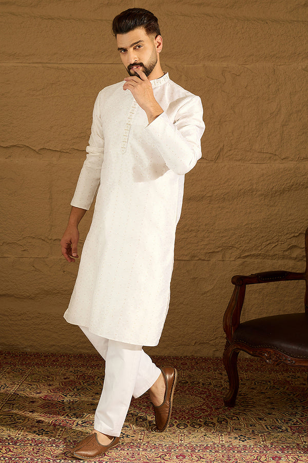 White Silk Blend Solid Printed Straight Kurta MKU1652