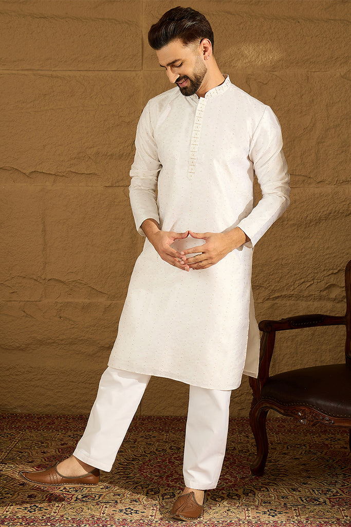 White Silk Blend Solid Printed Straight Kurta with Trouser MKSET1652