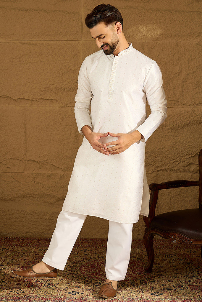 White Silk Blend Solid Printed Straight Kurta MKU1652