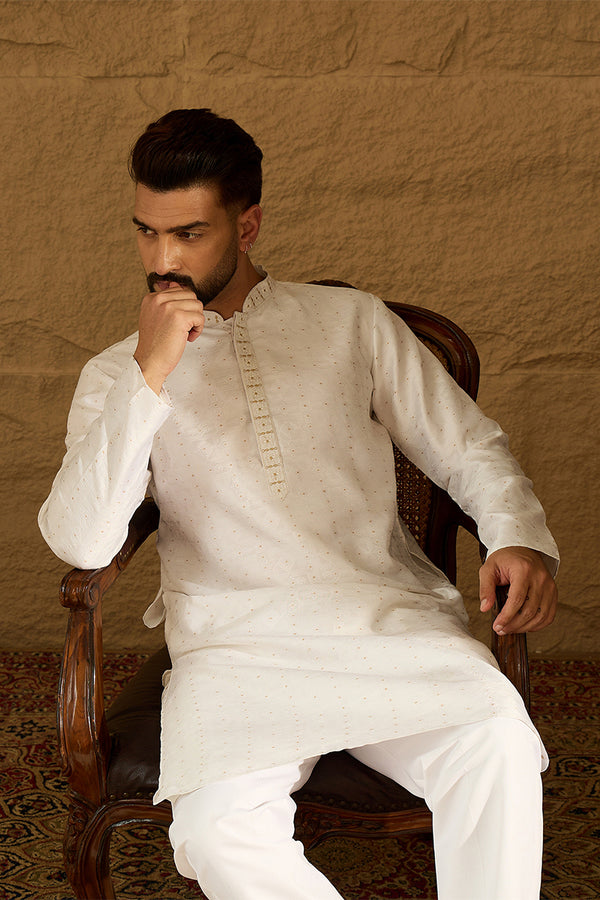 White Silk Blend Solid Printed Straight Kurta with Trouser MKSET1652