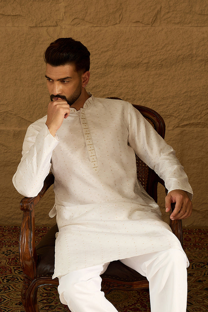 White Silk Blend Solid Printed Straight Kurta MKU1652