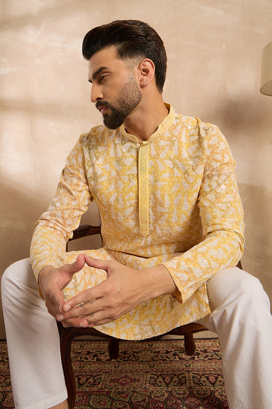 Yellow Viscose Rayon Printed Mandarin Collar Straight Kurta MKU1657
