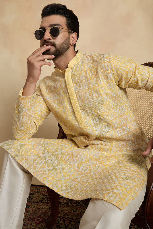 Yellow Viscose Rayon Embroidered Straight Kurta With Trousers MKSET1669