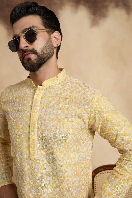 Yellow Viscose Rayon Embroidered Straight Kurta With Trousers MKSET1669