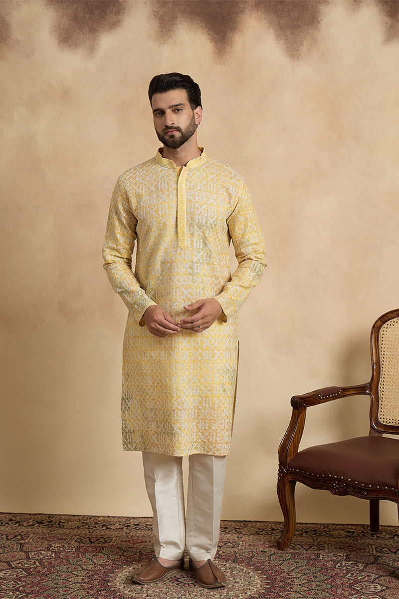 Yellow Viscose Rayon Embroidered Straight Kurta With Trousers MKSET1669