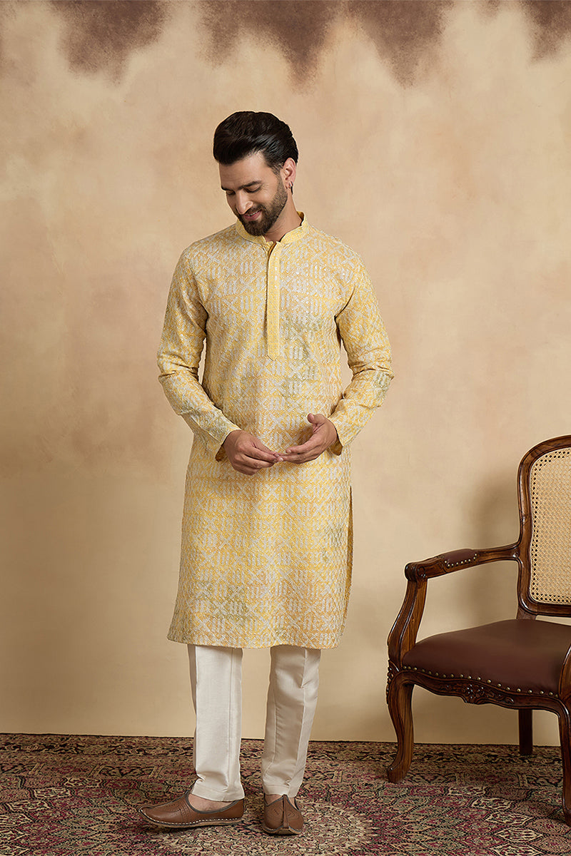 Yellow Viscose Rayon Embroidered Straight Kurta With Trousers MKSET1669