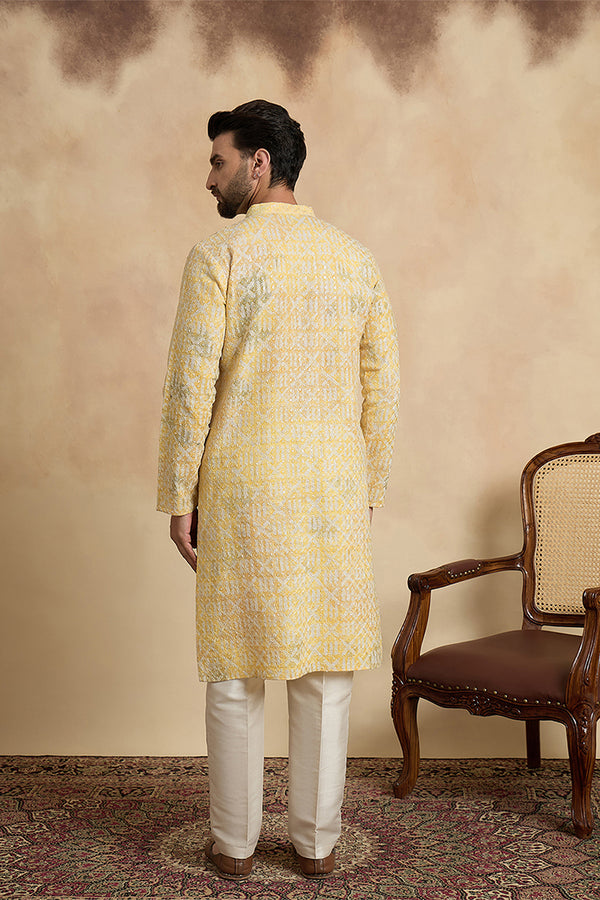 Yellow Viscose Rayon Embroidered Straight Kurta With Trousers MKSET1669