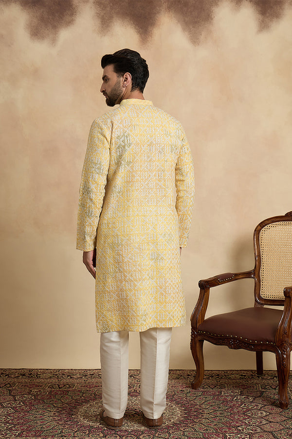 Yellow Viscose Rayon Embroidered Straight Kurta With Trousers MKSET1669