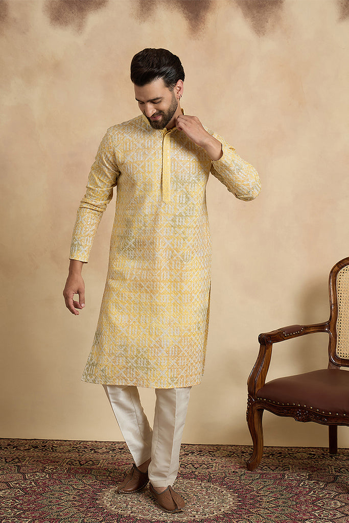 Yellow Viscose Rayon Embroidered Straight Kurta With Trousers MKSET1669