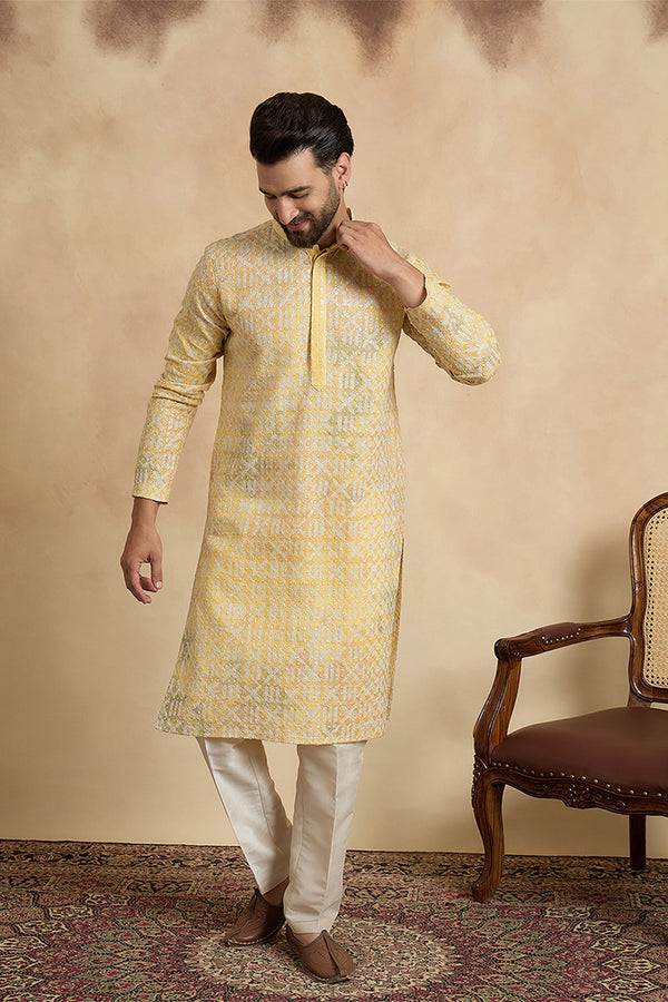 Yellow Viscose Rayon Embroidered Straight Kurta With Trousers MKSET1669