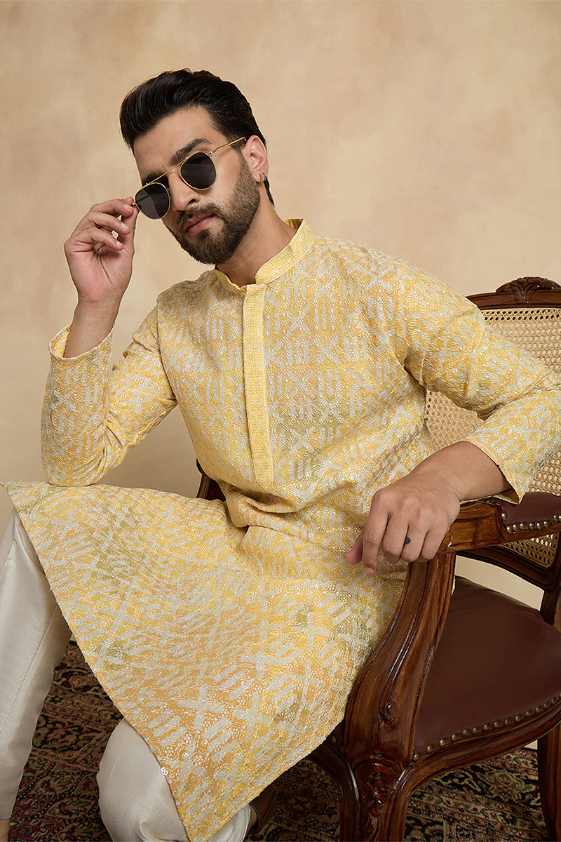 Yellow Viscose Rayon Embroidered Straight Kurta With Trousers MKSET1669