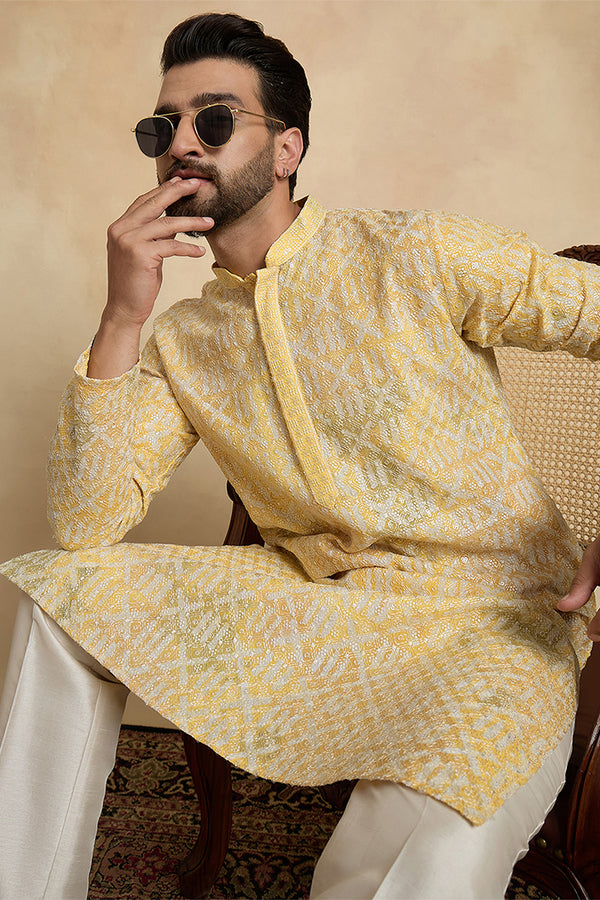 Yellow Viscose Rayon Embroidered Straight Kurta With Trousers MKSET1669