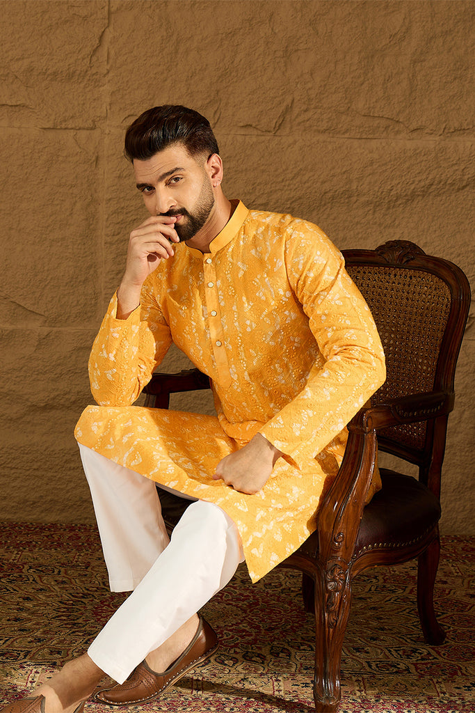 Yellow Cotton Batik Embroidered Straight Kurta with Trouser MKSET1675