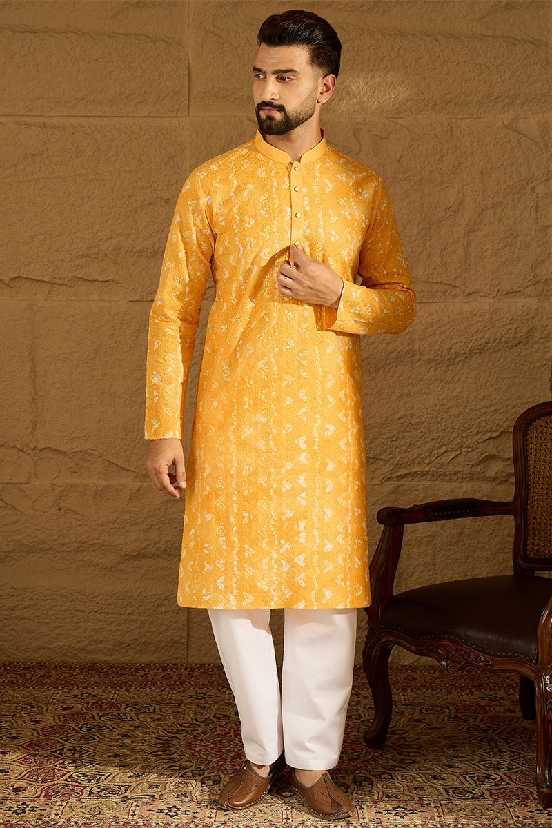 Yellow Cotton Batik Embroidered Straight Kurta with Trouser MKSET1675