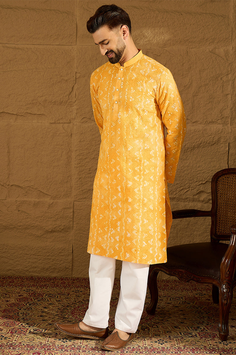 Yellow Cotton Batik Embroidered Straight Kurta MKU1675