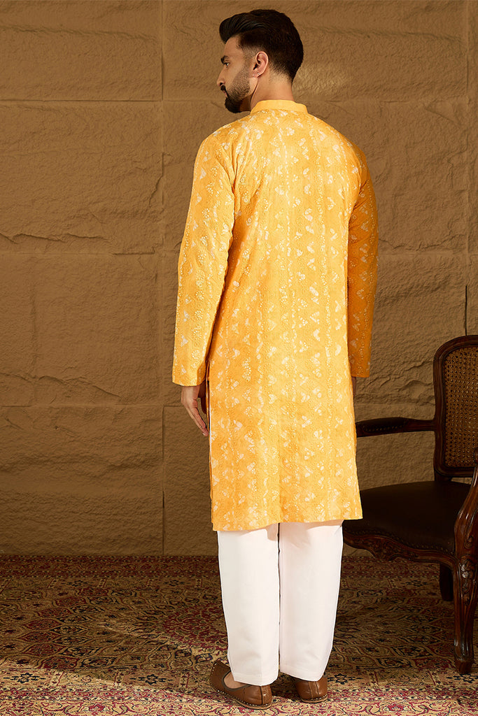 Yellow Cotton Batik Embroidered Straight Kurta with Trouser MKSET1675