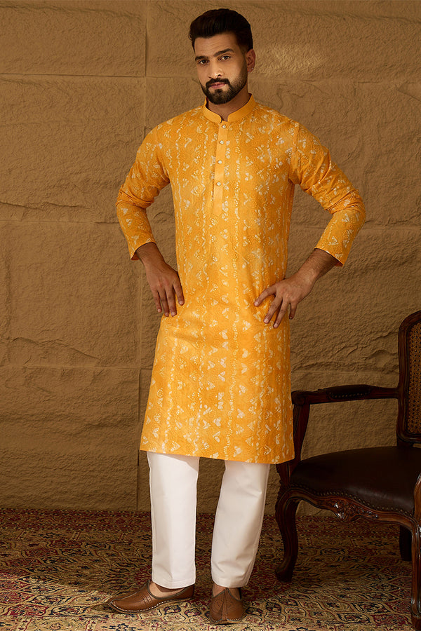 Yellow Cotton Batik Embroidered Straight Kurta MKU1675