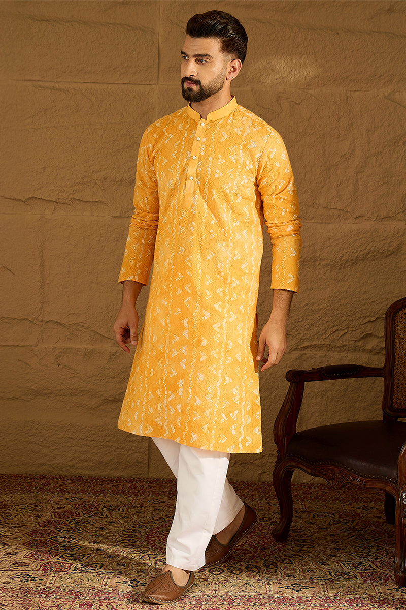 Yellow Cotton Batik Embroidered Straight Kurta MKU1675