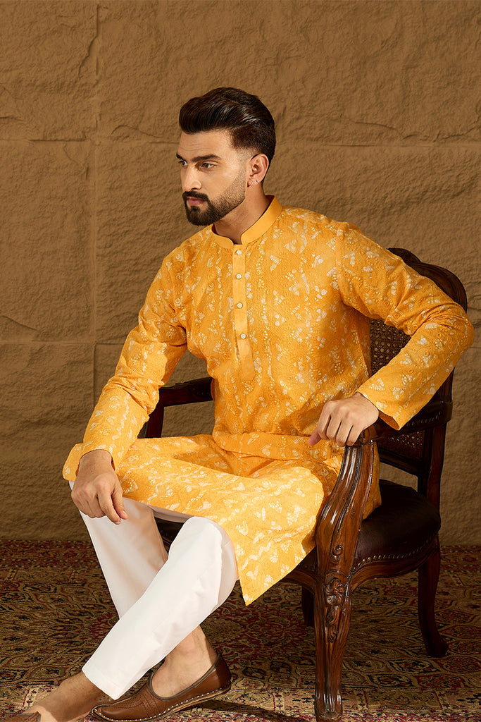 Yellow Cotton Batik Embroidered Straight Kurta with Trouser MKSET1675