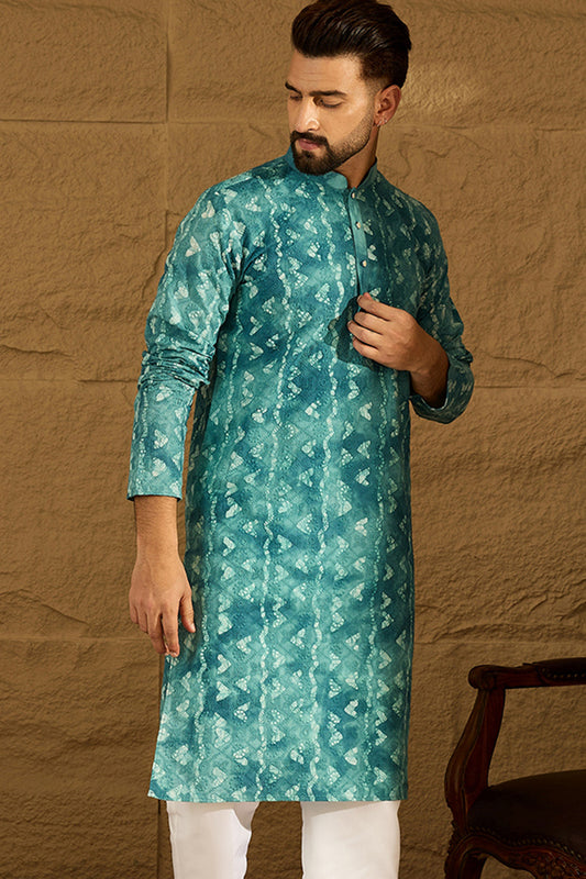Blue Cotton Batik Embroidered Straight Kurta MKU1676