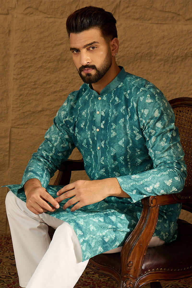 Blue Cotton Batik Embroidered Straight Kurta with Trouser MKSET1676