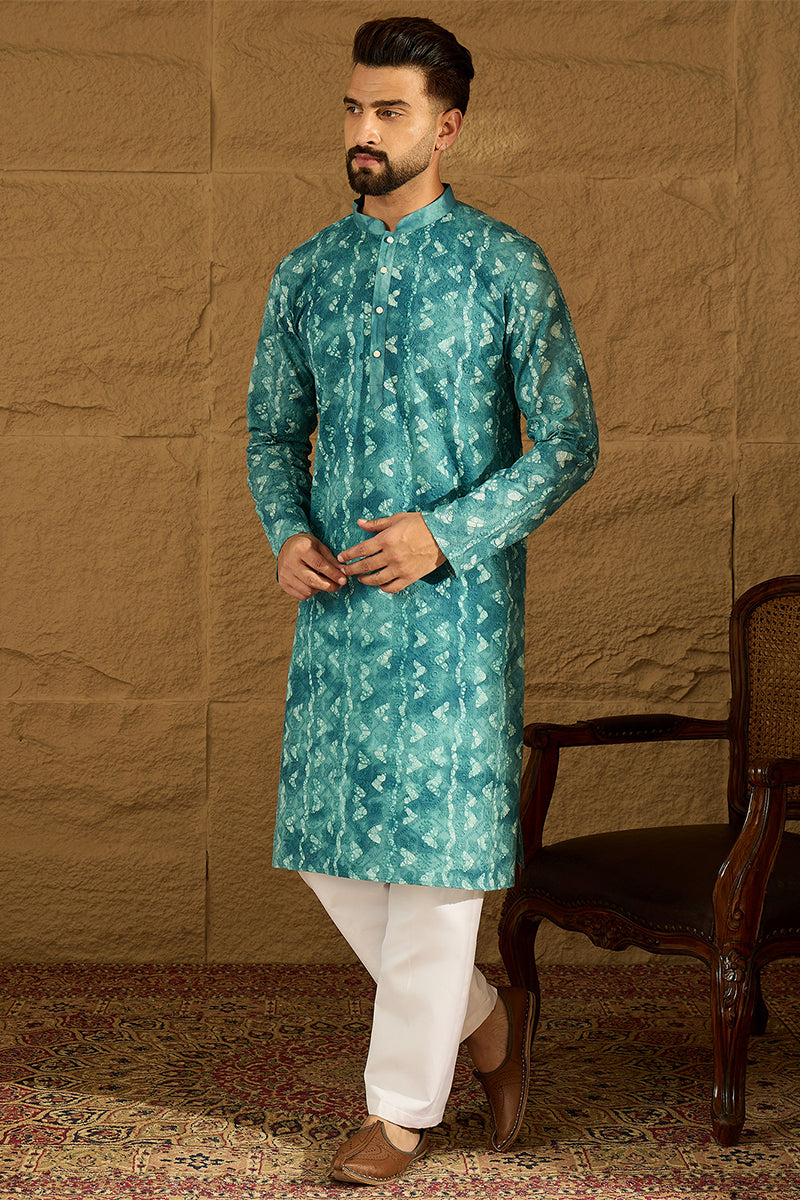 Blue Cotton Batik Embroidered Straight Kurta with Trouser MKSET1676