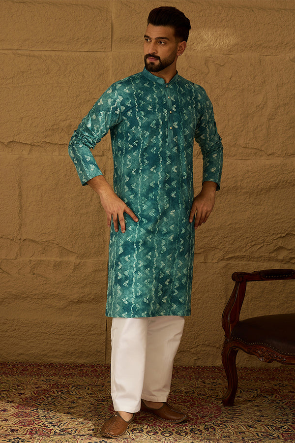 Blue Cotton Batik Embroidered Straight Kurta with Trouser MKSET1676