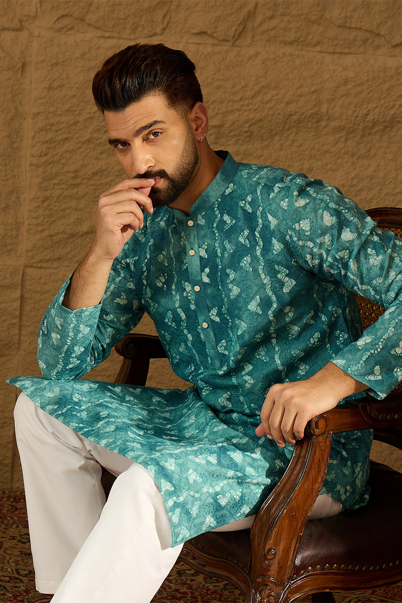 Blue Cotton Batik Embroidered Straight Kurta with Trouser MKSET1676