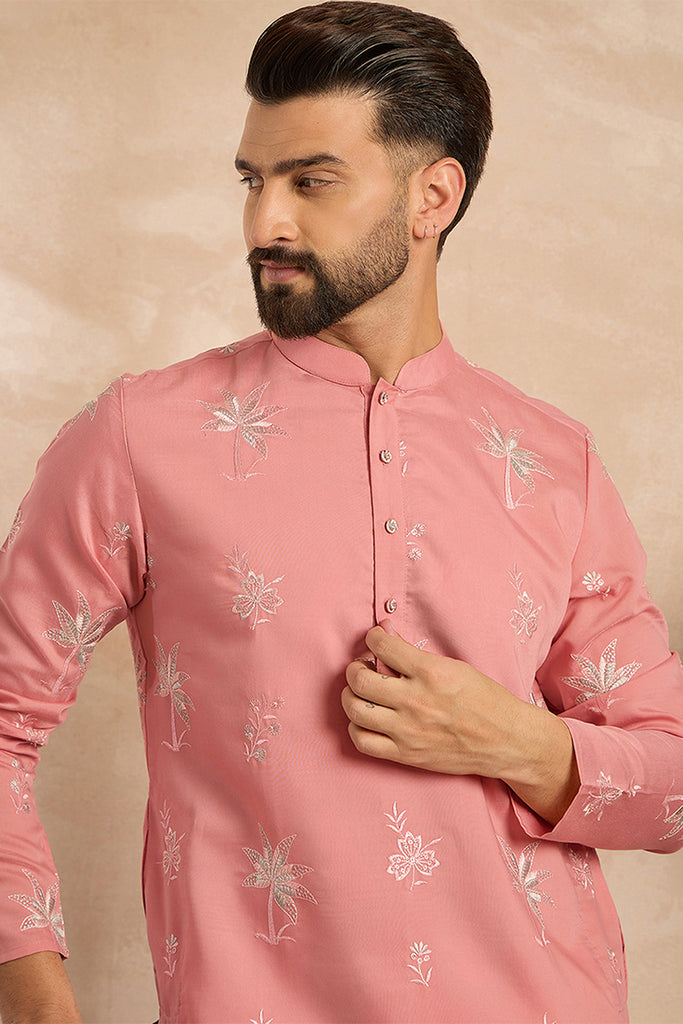 Pink Cotton Solid Embroidered Straight Kurta MKU1677