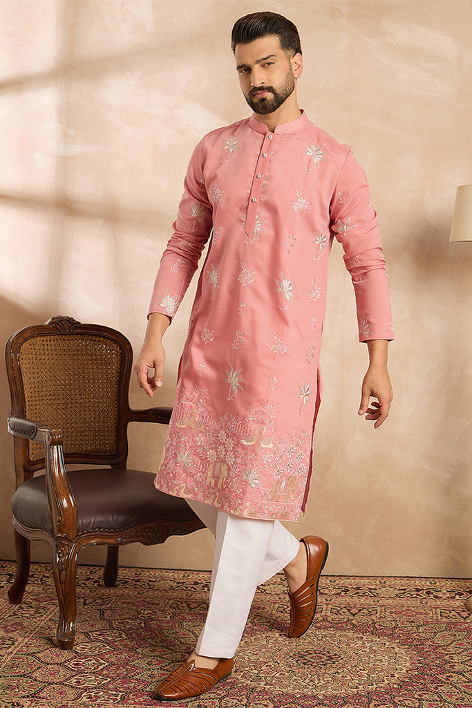 Pink Cotton Solid Embroidered Straight Kurta MKU1677