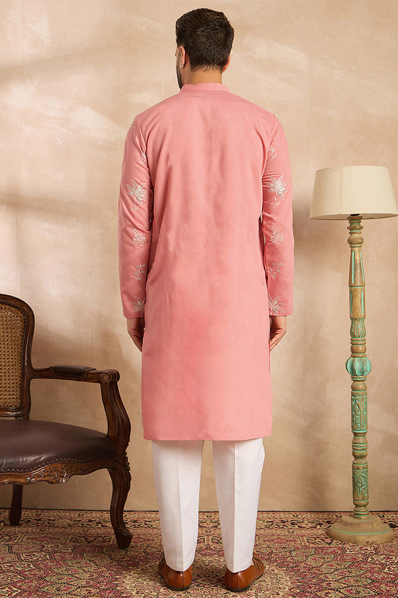 Pink Cotton Solid Embroidered Straight Kurta With Trouser MKSET1677