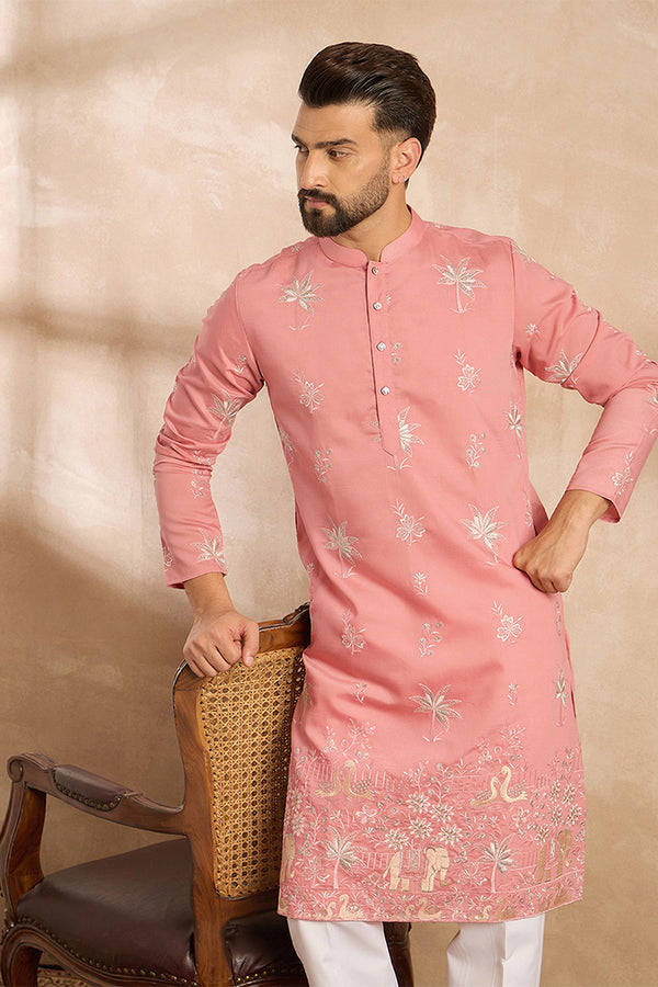 Pink Cotton Solid Embroidered Straight Kurta MKU1677