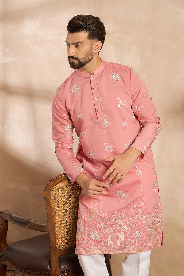 Pink Cotton Solid Embroidered Straight Kurta MKU1677