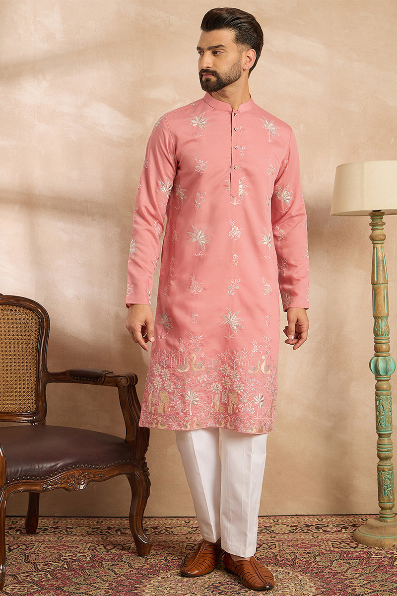 Pink Cotton Solid Embroidered Straight Kurta MKU1677