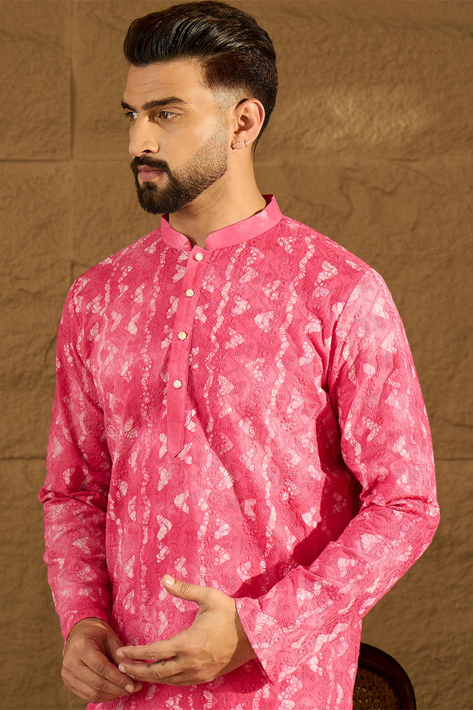 Pink Cotton Batik Embroidered Straight Kurta MKU1678